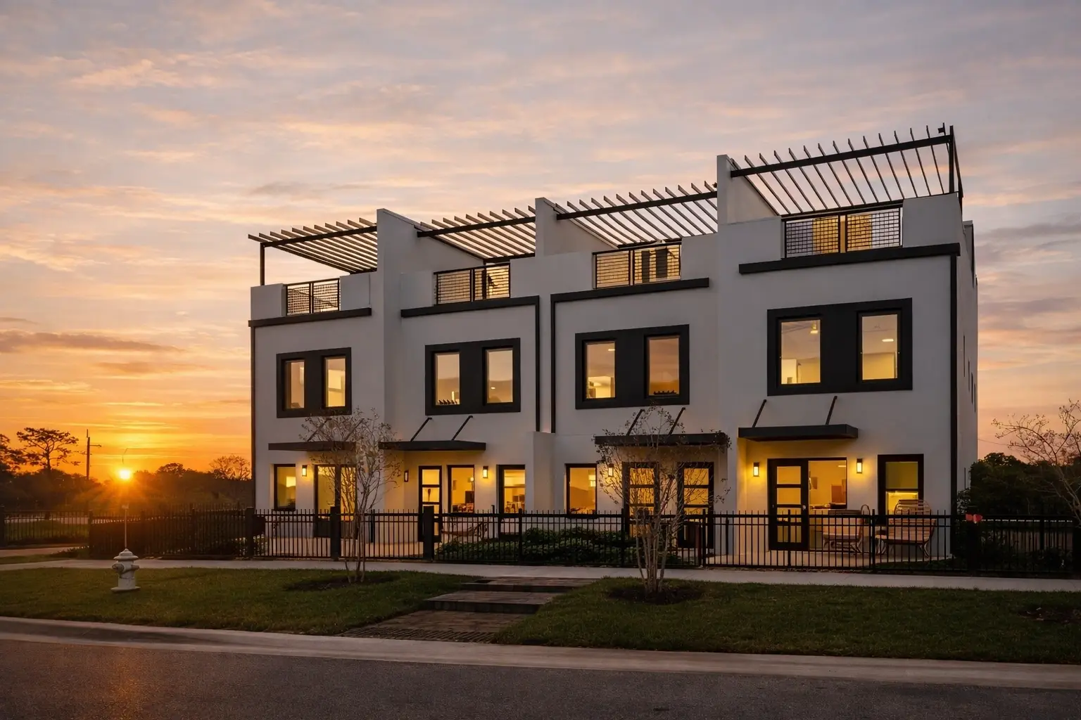 Street-level view of Latitudes in the Park at sunset in Pinellas Park, Florida, with private rooftop terraces above three-story facades