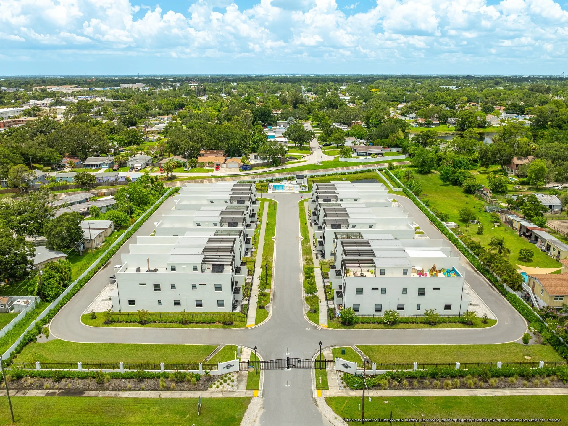 Aerial view of the 25 gated townhome residences and pool deck at Latitudes in the Park, Pinellas Park FL