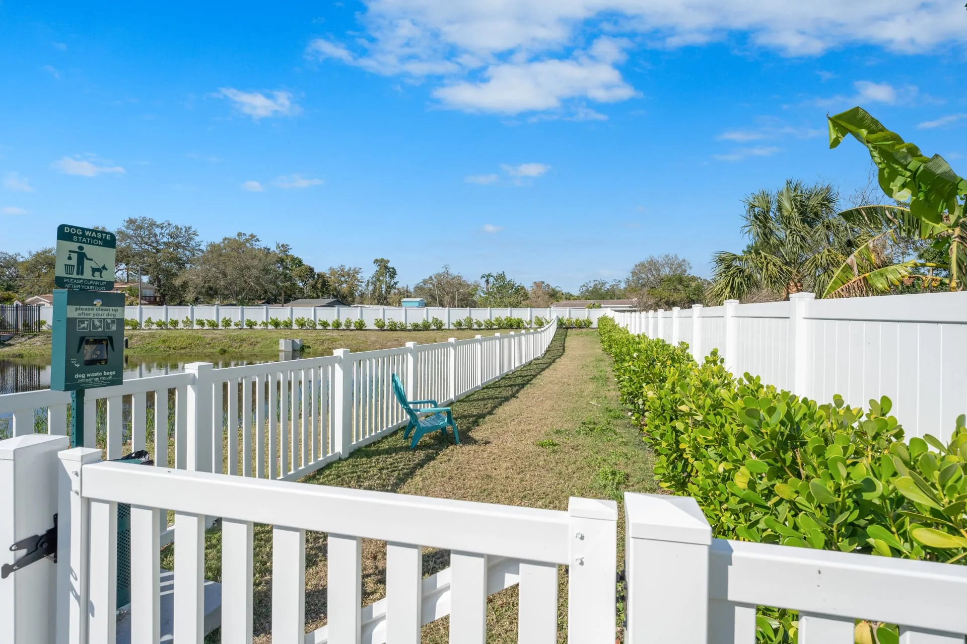 Fenced on site dog park with waste station, pond and hedge line inside the gate at Latitudes in the Park, Pinellas Park FL